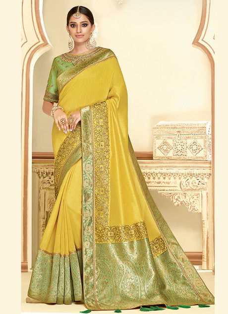 Yellow Satin Silk Embroidered Saree with Unstitched Blouse