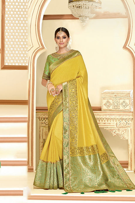 Yellow Satin Silk Embroidered Saree with Unstitched Blouse