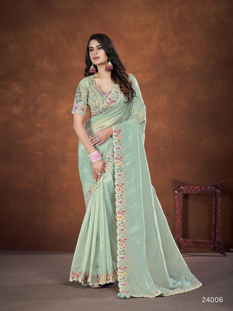 Green Banarsi Crush Silk Embroidered Saree with stitched Blouse