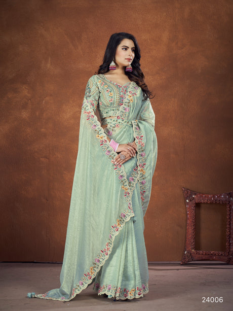 Green Banarsi Crush Silk Embroidered Saree with stitched Blouse