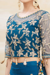 Teal Blue Satin Silk Embroidered Un-Stitched Lehenga Choli with Dupatta