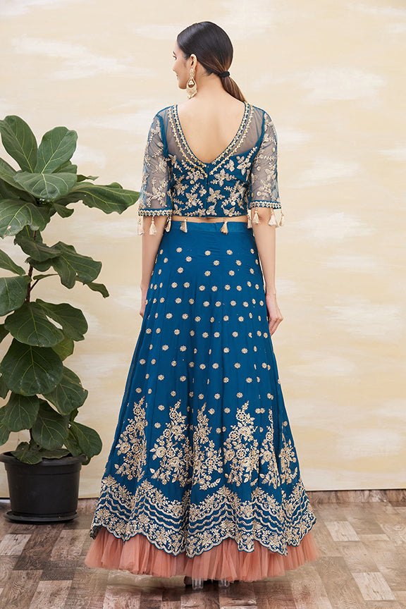 Teal Blue Satin Silk Embroidered Un-Stitched Lehenga Choli with Dupatta