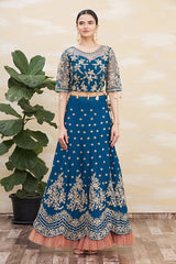 Teal Blue Satin Silk Embroidered Un-Stitched Lehenga Choli with Dupatta