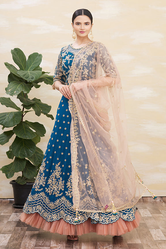 Teal Blue Satin Silk Embroidered Un-Stitched Lehenga Choli with Dupatta