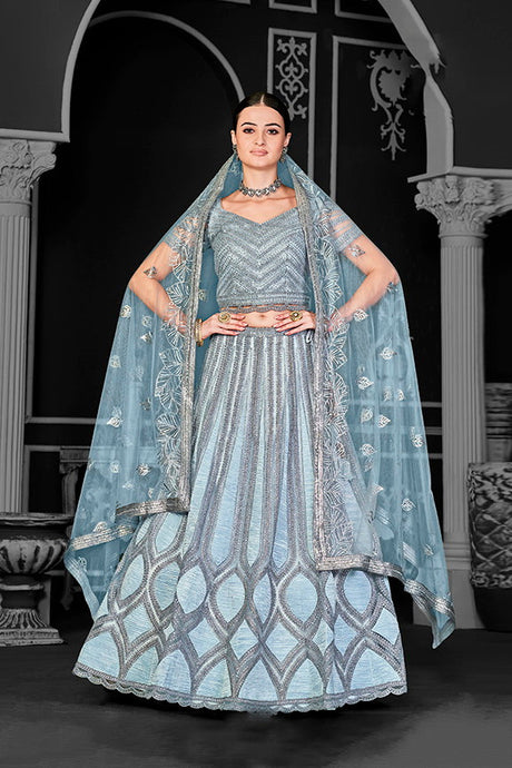 Blue Net Embroidered Semi Stitched Lehenga Choli