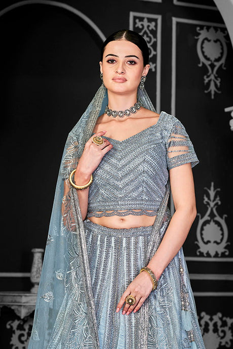 Blue Net Embroidered Semi Stitched Lehenga Choli