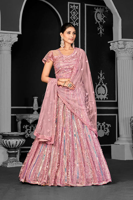 Pink Net Embroidered Semi Stitched Lehenga Choli