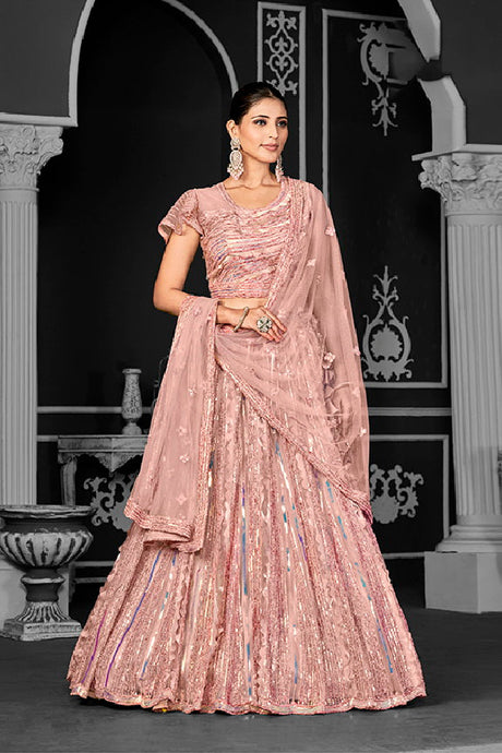 Peach Net Embroidered Semi Stitched Lehenga Choli