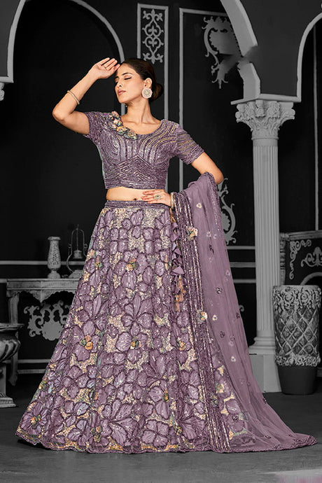 Purple Net Embroidered Semi Stitched Lehenga Choli