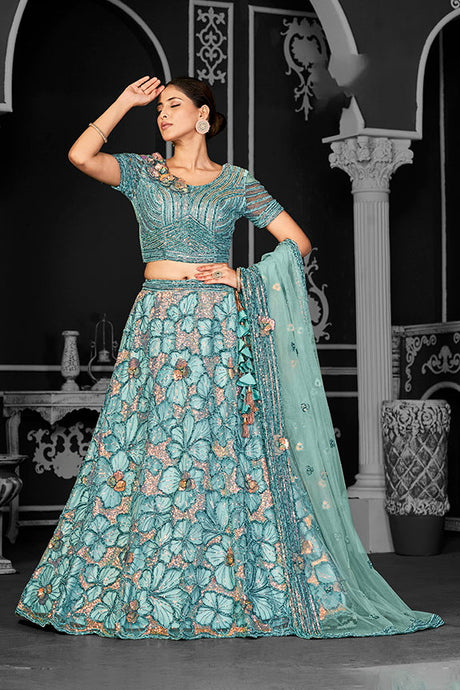 Blue Net Embroidered Semi Stitched Lehenga Choli