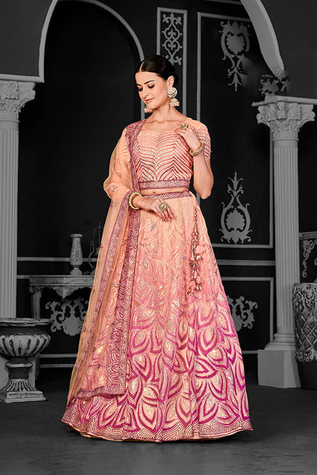 Peach Net Embroidered Semi Stitched Lehenga Choli