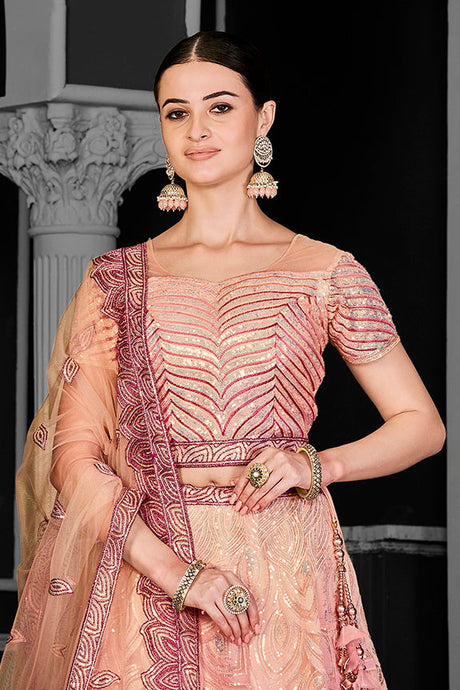 Peach Net Embroidered Semi Stitched Lehenga Choli