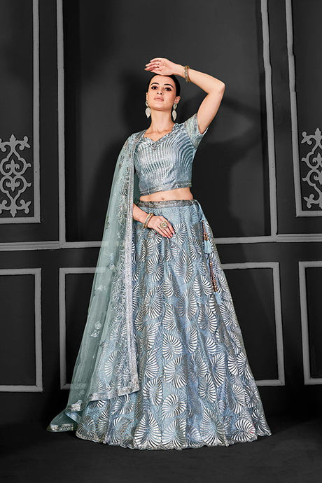 Grey Net Embroidered Semi Stitched Lehenga Choli