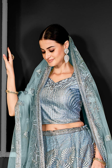 Grey Net Embroidered Semi Stitched Lehenga Choli