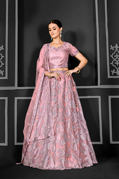 Pink Net Embroidered Semi Stitched Lehenga Choli