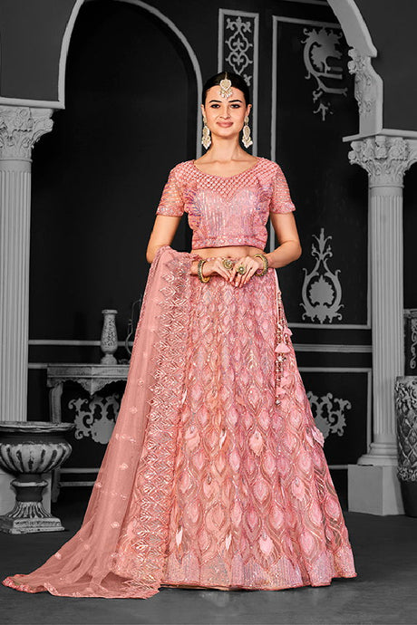 Pink Net Embroidered Semi Stitched Lehenga Choli