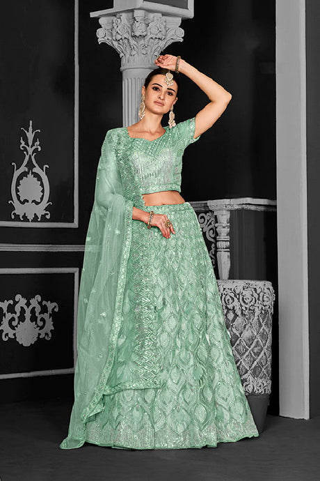 Green Net Embroidered Semi Stitched Lehenga Choli