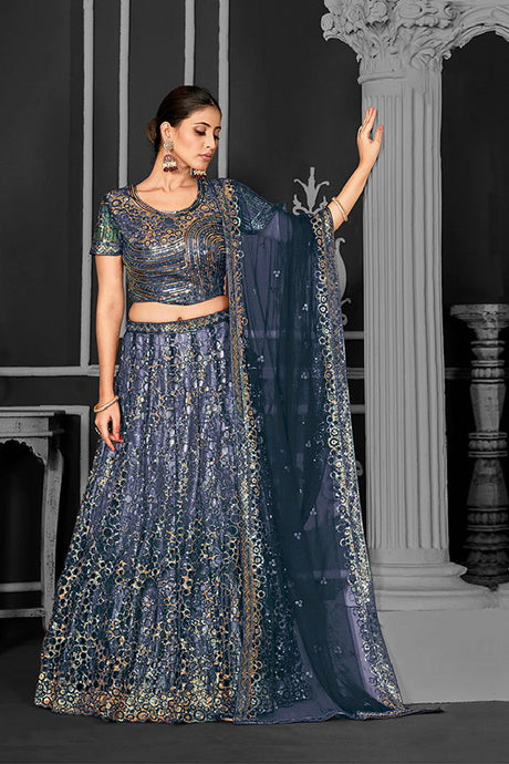 Blue Net Embroidered Semi Stitched Lehenga Choli