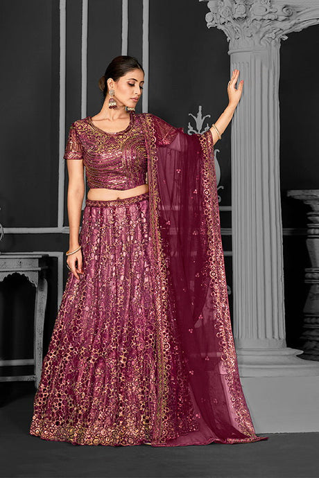 Wine Net Embroidered Semi Stitched Lehenga Choli