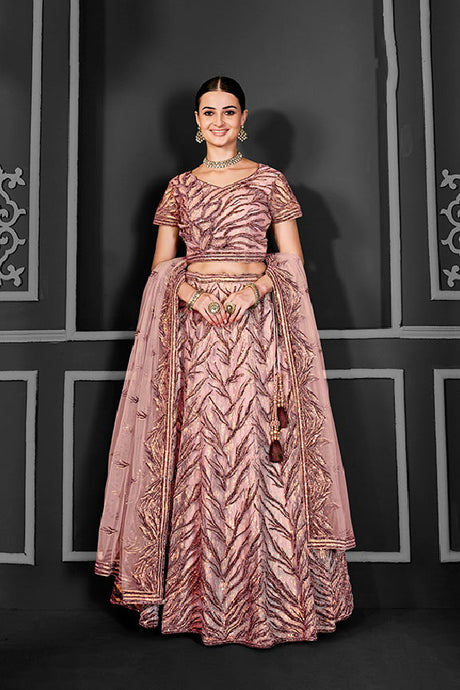 Peach Net Embroidered Semi Stitched Lehenga Choli