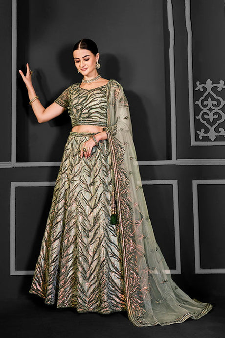 Green Net Embroidered Semi Stitched Lehenga Choli