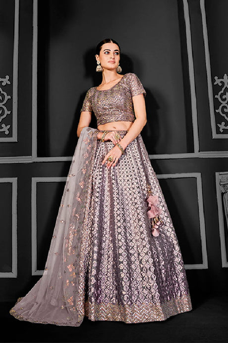 Grey Net Embroidered Semi Stitched Lehenga Choli