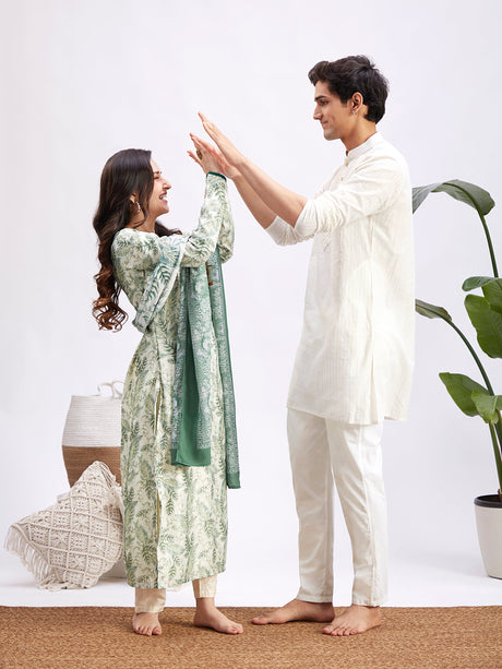 MEN WOMEN 36 - 42 White Cotton Men's:Kurta Pyjama Set  Women's:Kurta Set