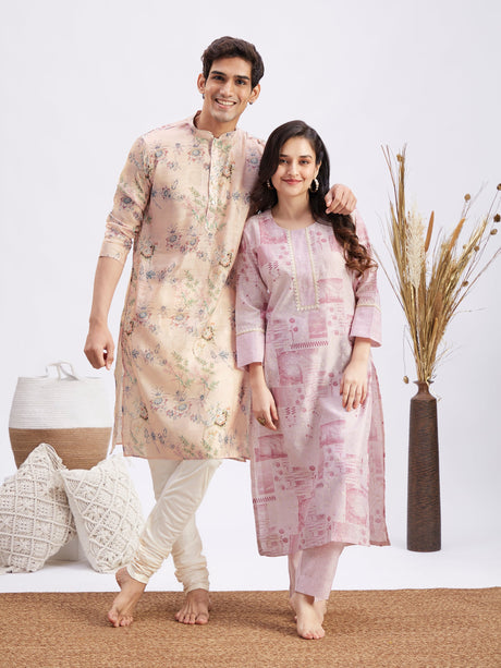 MEN WOMEN 36 - 42 Pink And White Cotton Blend Men's:Kurta Pyjama Set  Women's:Kurta Set