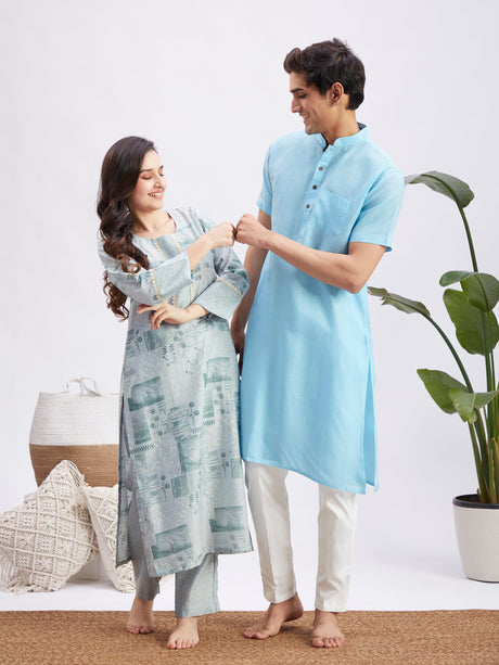 MEN WOMEN 36 - 42 Aqua And White Cotton Men's:Kurta Pyjama Set  Women's:Kurta Set