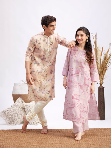 MEN WOMEN 36 - 42 Pink And White Cotton Blend Men's:Kurta Pyjama Set  Women's:Kurta Set