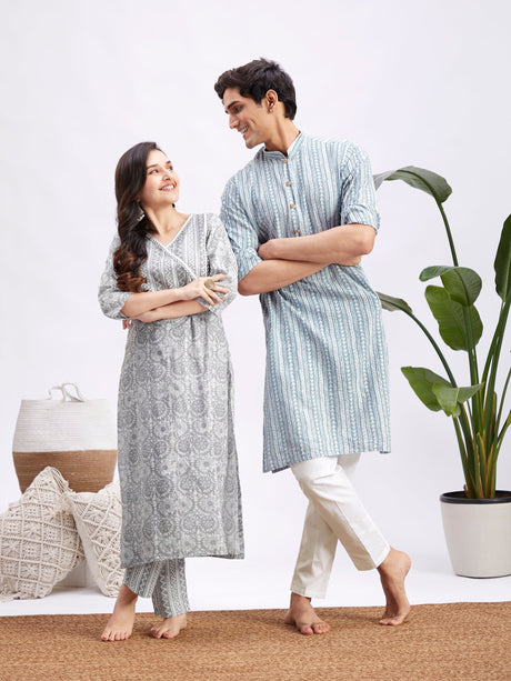 BHAI BEHEN 36 - 42 Grey And White Cotton Men's:Kurta Pyjama Set