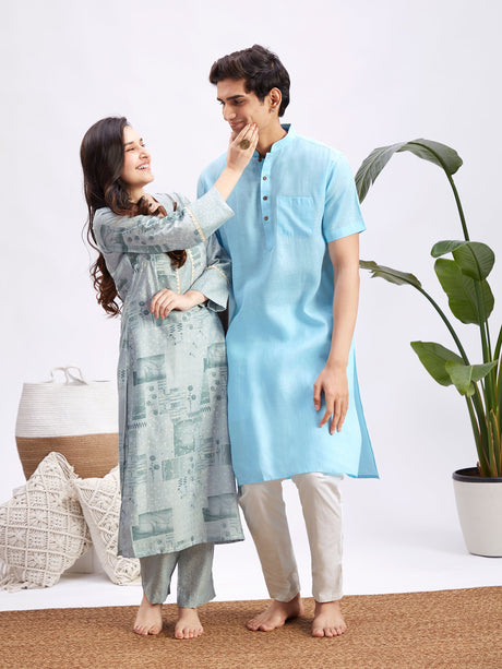 MEN WOMEN 36 - 42 Aqua And White Cotton Men's:Kurta Pyjama Set  Women's:Kurta Set