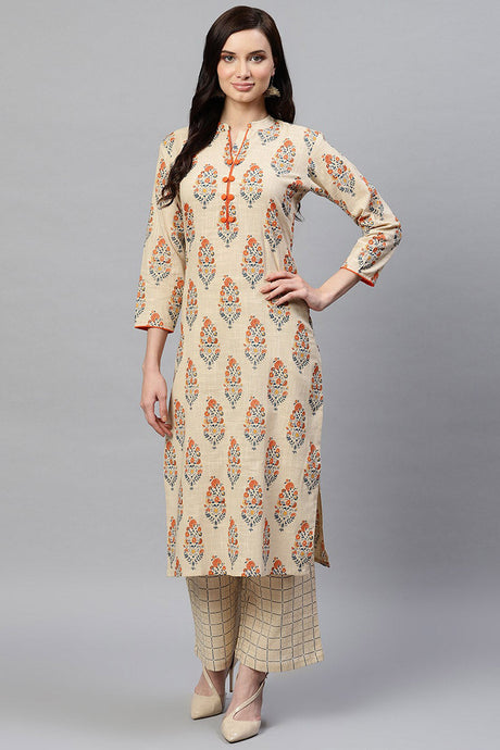 Beige Cotton Ethnic Motifs Kurta Set | Ethniqndia - Made In INDIA.