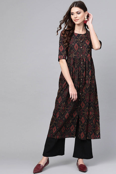 Black & Maroon Color Rayon Blend fabric Printed A-Line Kurta | Ethniqndia - Made In INDIA.