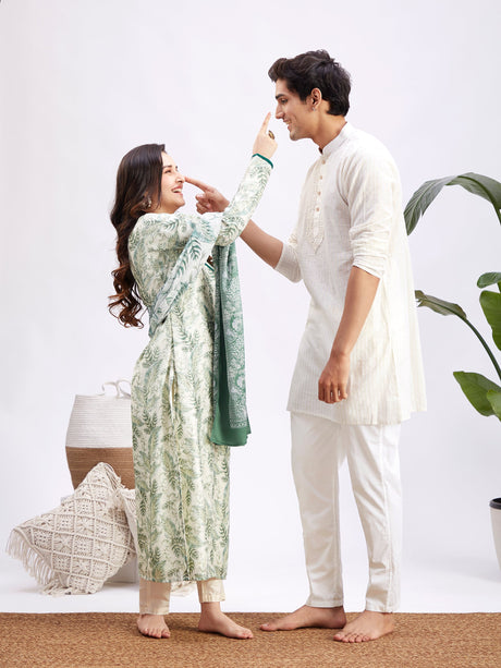 MEN WOMEN 36 - 42 White Cotton Men's:Kurta Pyjama Set  Women's:Kurta Set