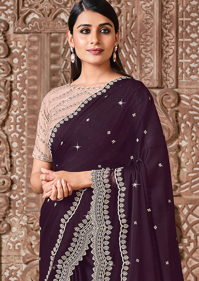 Wine Silk Georgette Embroidered Saree with Unstitched Blouse