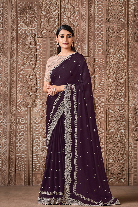 Wine Silk Georgette Embroidered Saree with Unstitched Blouse