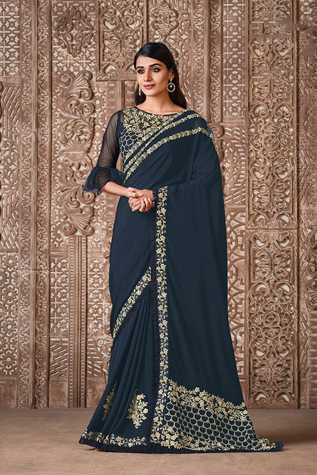 Blue Silk Georgette Embroidered Saree with Unstitched Blouse