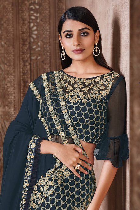 Blue Silk Georgette Embroidered Saree with Unstitched Blouse