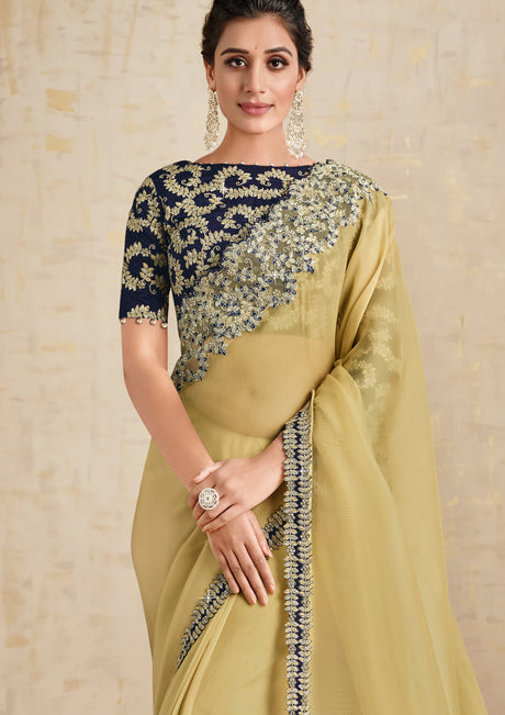 Yellow Net Organza Floral Embroidered Saree with Unstitched Blouse