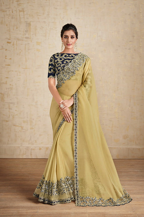 Yellow Net Organza Floral Embroidered Saree with Unstitched Blouse