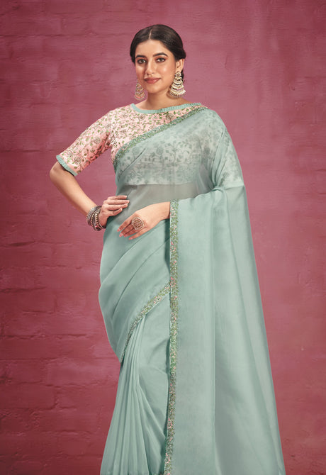 Green Net Organza Saree with Stitched Blouse