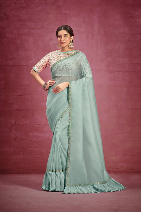 Green Net Organza Saree with Stitched Blouse