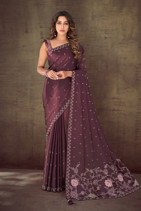 Pink Organza Silk Crepe Embroidered Saree with Unstitched Blouse