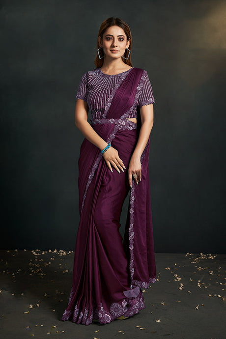 Wine Satin Silk Ready to Wear Designer Saree with Stitched Blouse