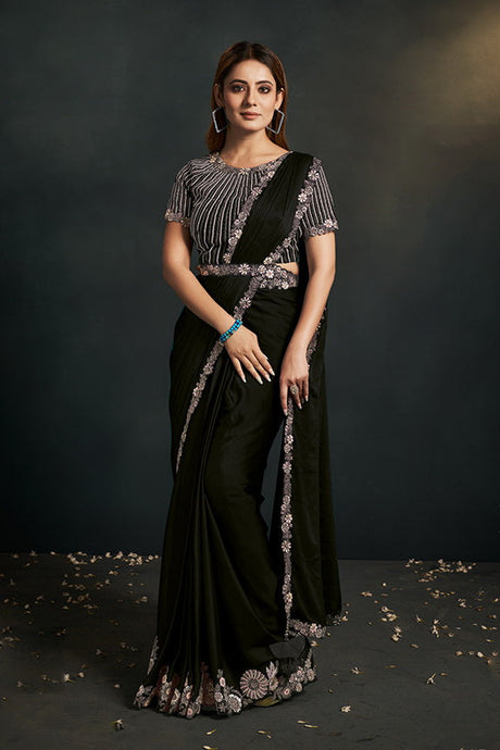 Black Satin Silk Ready to Wear Designer Saree with Stitched Blouse