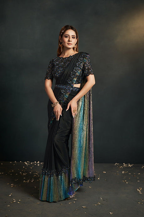 Black Silk Ready to Wear Designer Saree with Stitched Blouse