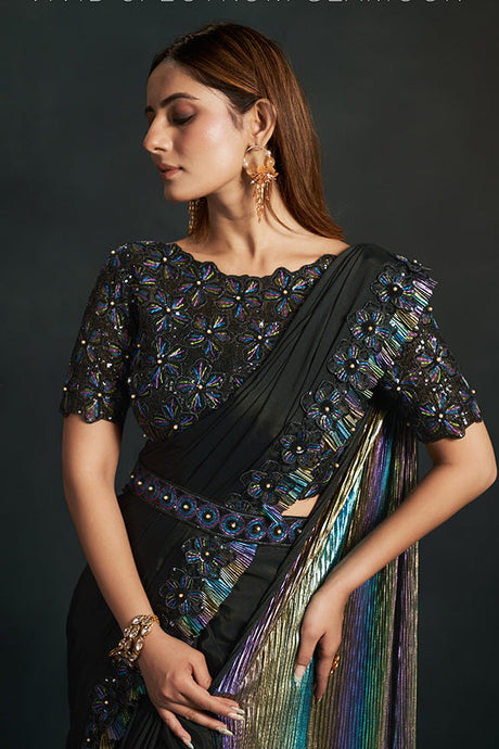 Black Silk Ready to Wear Designer Saree with Stitched Blouse