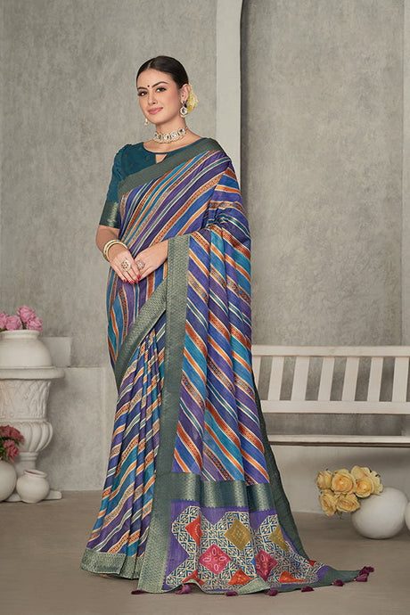 Blue Tussar Silk Laheriya Design Saree with Unstitched Blouse