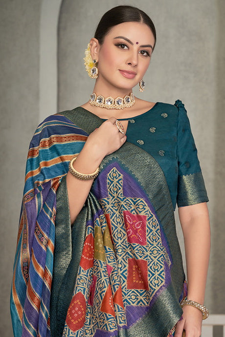 Blue Tussar Silk Laheriya Design Saree with Unstitched Blouse